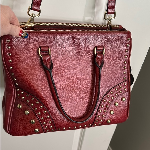 Red Studded leather Satchel with gold Accents - Picture 3 of 15